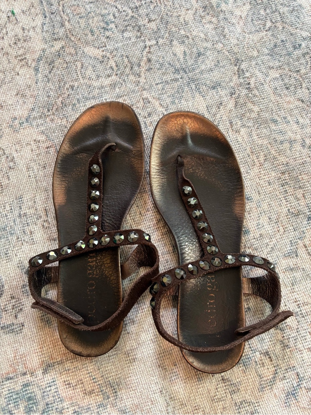 Pedro Garcia Brown Studded Leather T-Strap Sandals
